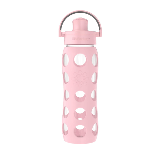 Lifefactory 22oz BPA-free glass water bottle with protective silicone sleeve and flip cap made in US