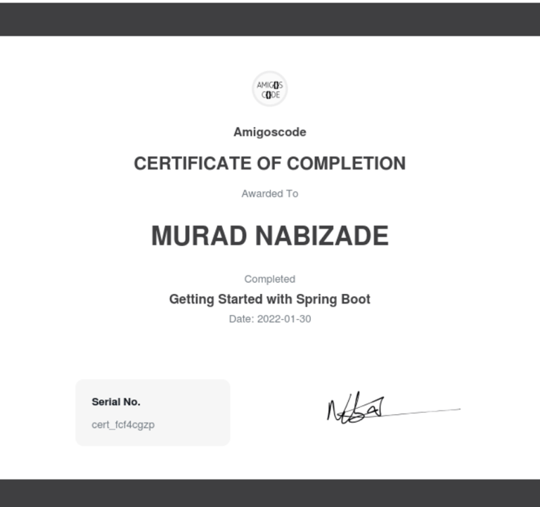 Murad Nabizade certificates, Springboot, Java, Software Developer Certification