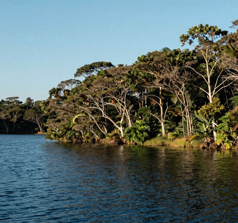 Photography of a peaceful lakeshore with clear blue water and native Brazilian trees, illustrating the natural beauty surrounding the Vista do Lago development.