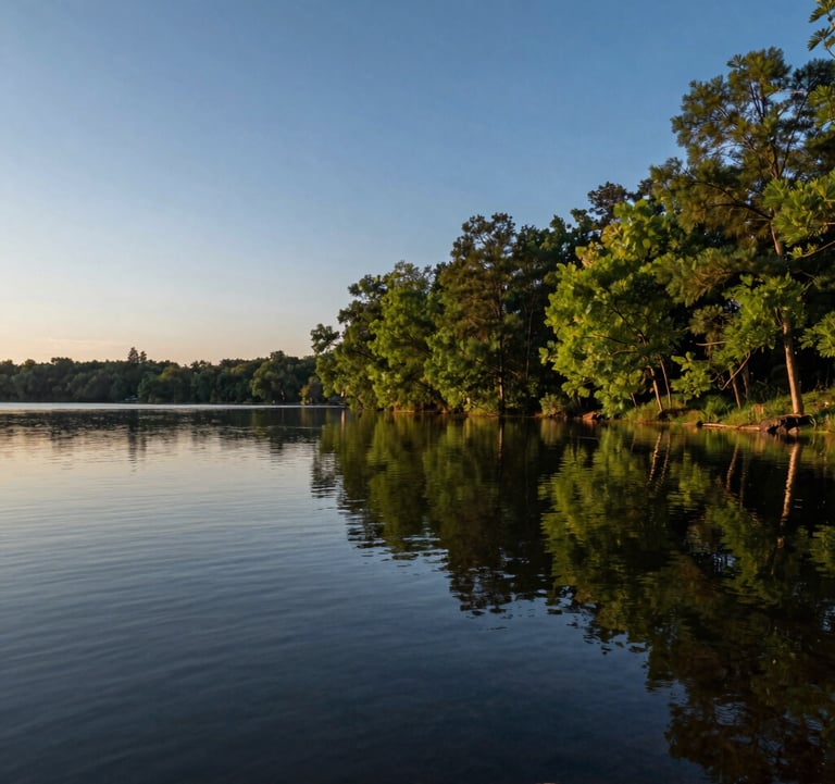 A serene photography shot of a natural lake shore in the Formosa region during sunset. The water is still, reflecting the dark blue and light blue sky, with native green trees surrounding the bank, conveying peace and premium quality.