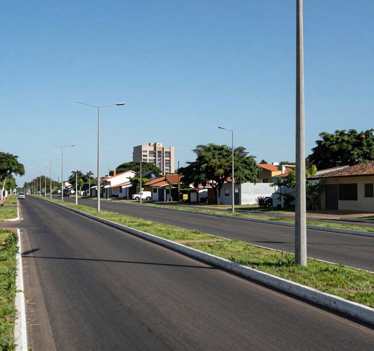 Clean, professional photography of modern street infrastructure in a Brazilian allotment, featuring high-quality asphalt, green medians, and sophisticated lighting poles against a clear blue sky.