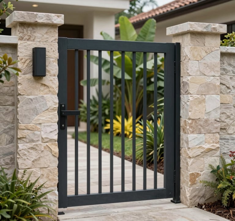 Detail shot of the residential entrance gate, featuring modern design, stone textures, and lush Brazilian landscaping, symbolizing security and trust.