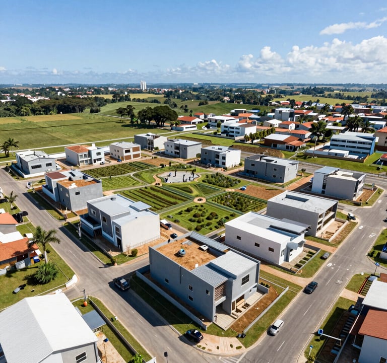 Professional aerial photography of a modern residential allotment under construction in Formosa, Brazil. The image shows organized street layouts, paved roads, and green preservation areas under a bright South American sun. The style is clean and reflects a premium investment opportunity.