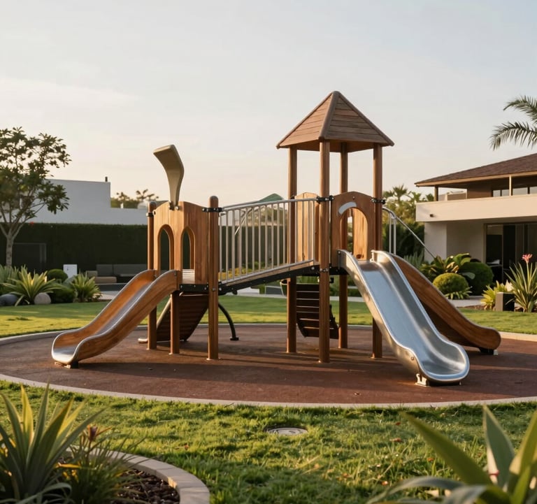 Photography of a high-end South American family leisure area featuring a contemporary playground with wood and metal elements, surrounded by manicured green lawns and professional landscaping. Soft afternoon sunlight creates a warm, inviting, and trustworthy atmosphere.