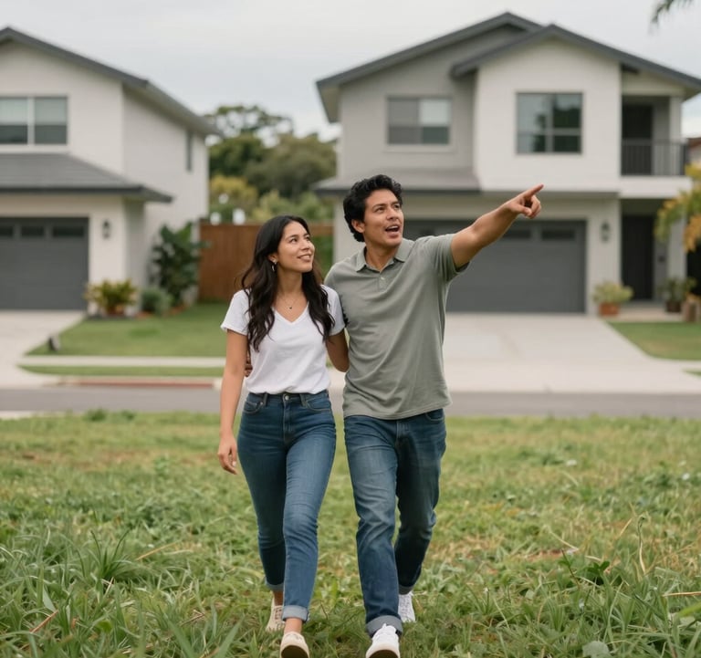 Candid photography of a South American couple walking through a green, open lot in a residential area, pointing towards the horizon with a look of confidence and excitement for their future home. Modern, clean aesthetic.