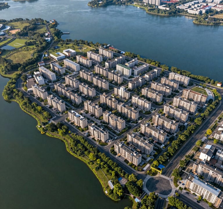 Aerial view of a residential development area near a lake in Formosa-GO. The composition shows the contrast between the green nature, the blue water, and the organized urban planning of the lots.