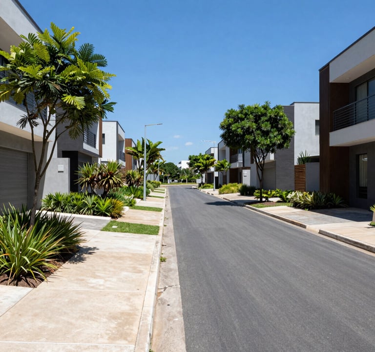 Photography of a modern paved street within a luxury residential allotment in Formosa, Brazil. Clean sidewalks, green landscaping with native trees, and a clear blue sky, conveying safety and modern infrastructure.