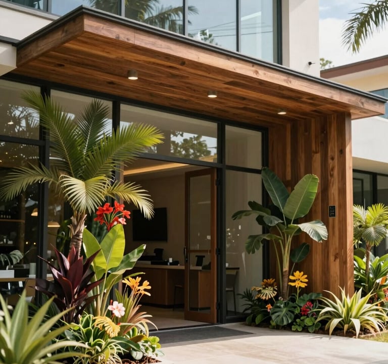 A close-up photograph of a modern clubhouse entrance with wood and glass architectural elements. South American / Brazilian plants and flowers decorate the entrance, bright daylight, high-end real estate style.
