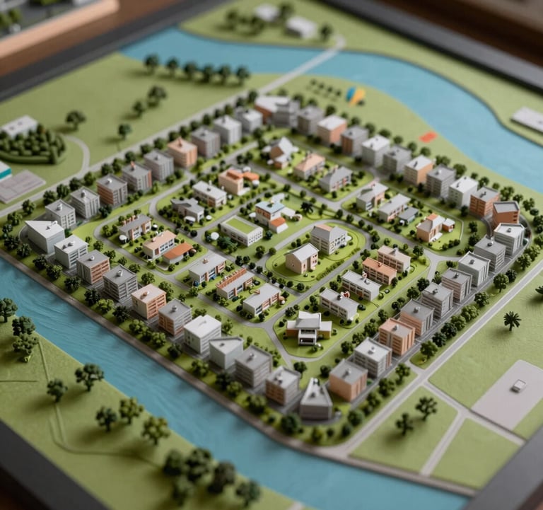 A close-up shot of a modern 3D map or physical model showing the master plan of a Brazilian residential allotment, emphasizing green areas and proximity to the water.