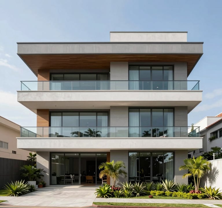 Modern architectural photography of a high-end house facade in a Brazilian residential club. The design features clean lines, large glass panels, and integration with green landscaping under a bright daylight.