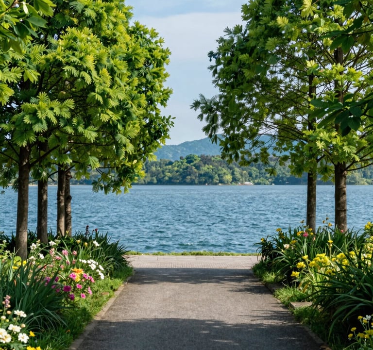 Ground-level photography of the stunning natural scenery in Formosa, GO. A path leads towards the blue waters of the lake, bordered by vibrant green trees and local flowers. The composition is balanced and elegant, highlighting the serene lifestyle of the region.