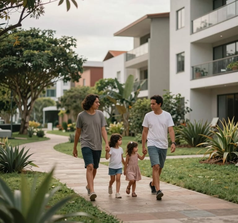 Lifestyle photography of a South American / Brazilian family walking through a modern, landscaped park within a residential complex, soft natural lighting, peaceful atmosphere.