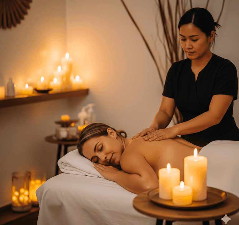Client receiving a gentle shoulder massage for relaxation and stress relief