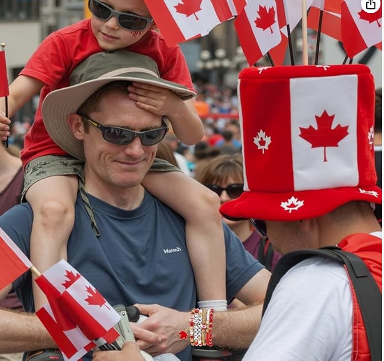 A father and son celebrate Canada Day with Canadian flags and themed accessories at a public festival.
