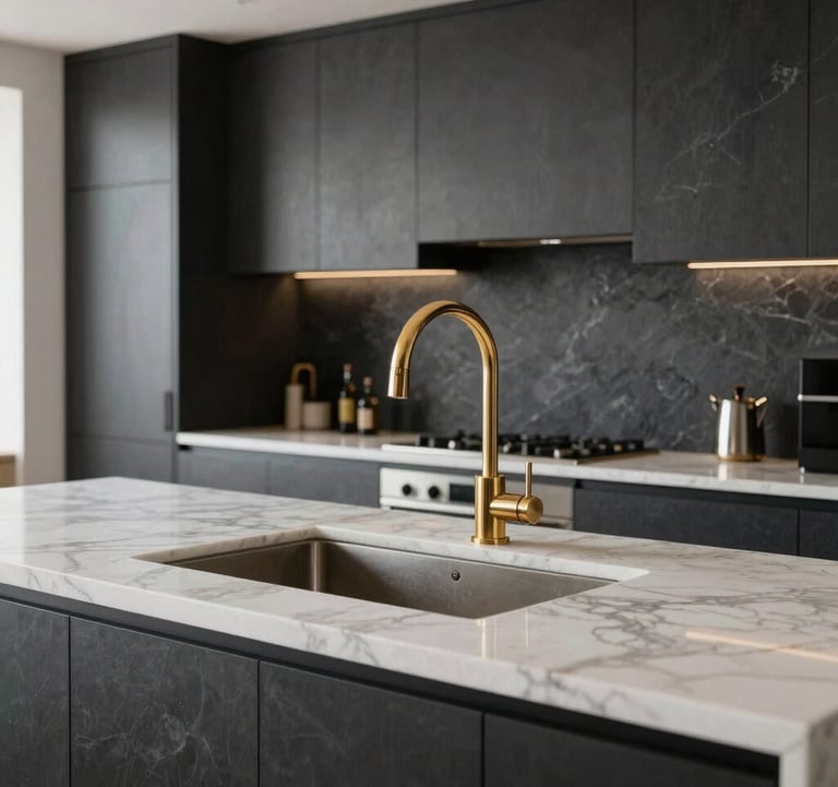 Detail shot of a modern kitchen in a luxury penthouse, featuring dark slate cabinetry, white marble countertops, and polished gold fixtures. Soft, natural lighting.