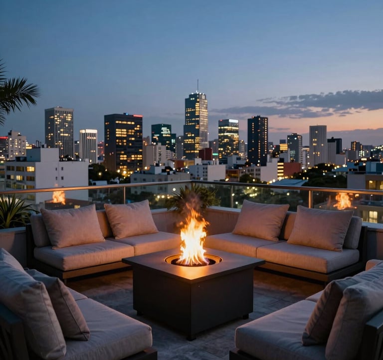 Evening shot of a terrace with outdoor fire pit and comfortable seating, overlooking the lights of a major Latin American city.