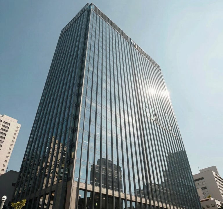 A commercial real estate building with glass facade in a business district, sleek Latin American architecture, shot during the day with bright, clear lighting.