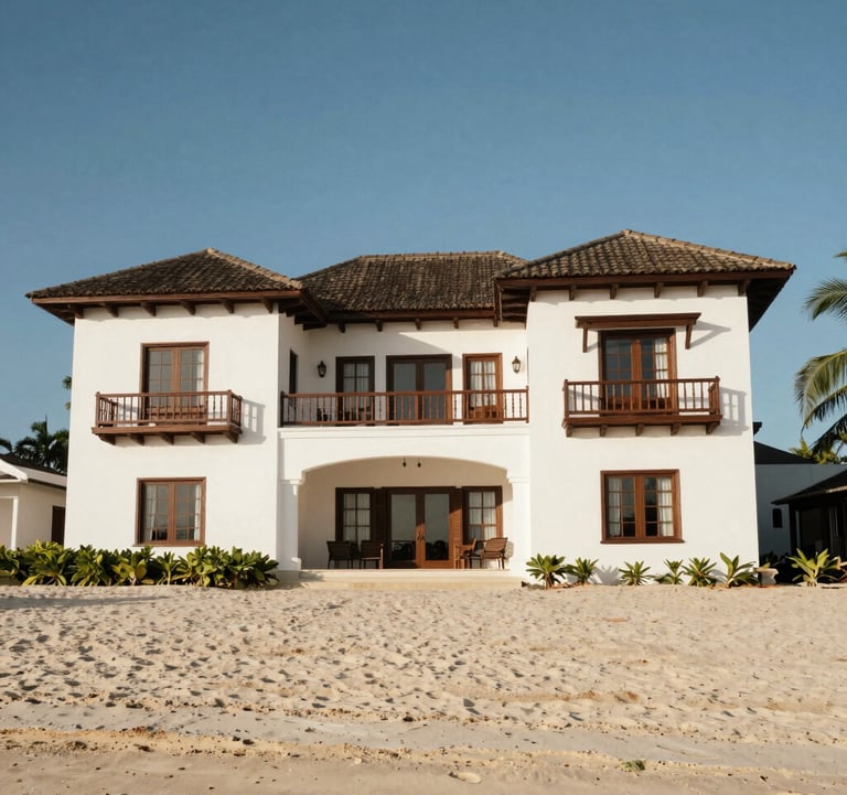 A luxurious beachfront mansion with colonial architectural influences, white walls and dark wood accents, located on a pristine Latin American beach.