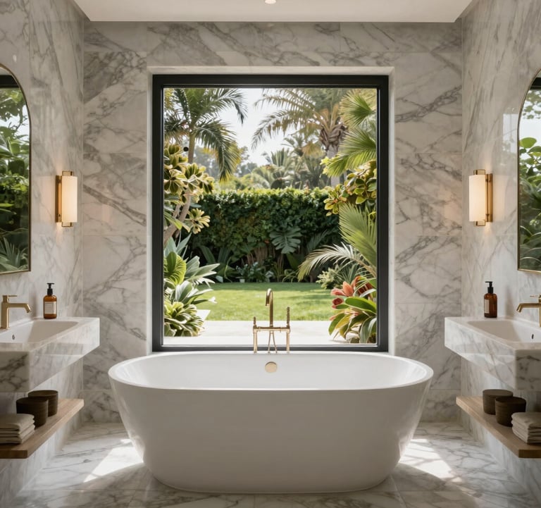 A luxury bathroom with marble walls and a free-standing tub overlooking a private garden in a high-end Hispanic villa.