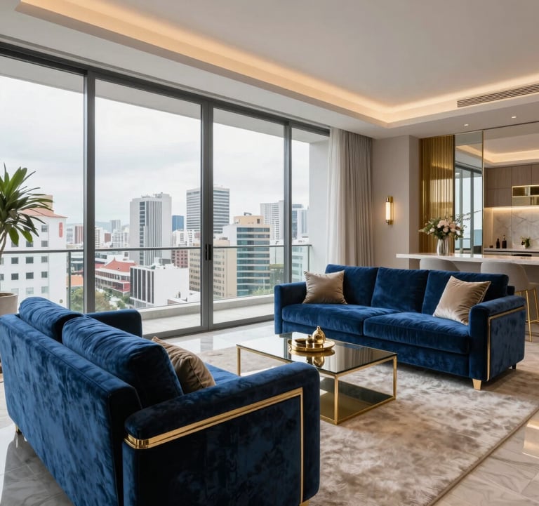 Luxury apartment interior in a Latin American metropolis, featuring floor-to-ceiling windows with a city view, steel blue velvet sofas, and champagne gold decorative accents. High-end real estate photography style.