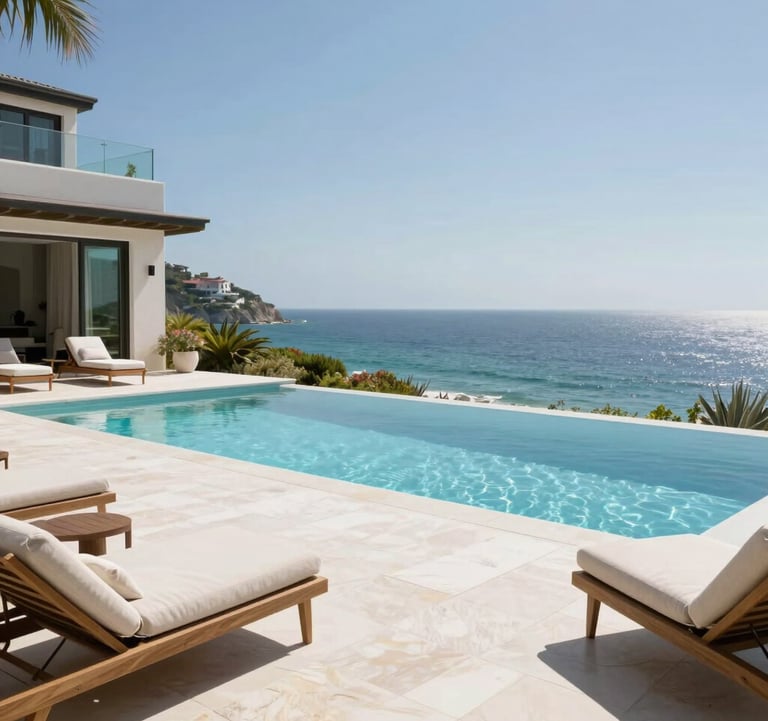 A sun-drenched private infinity pool overlooking the ocean at a high-end coastal villa. Soft white stone terrace and elegant outdoor lounge furniture. Professional architectural photography.