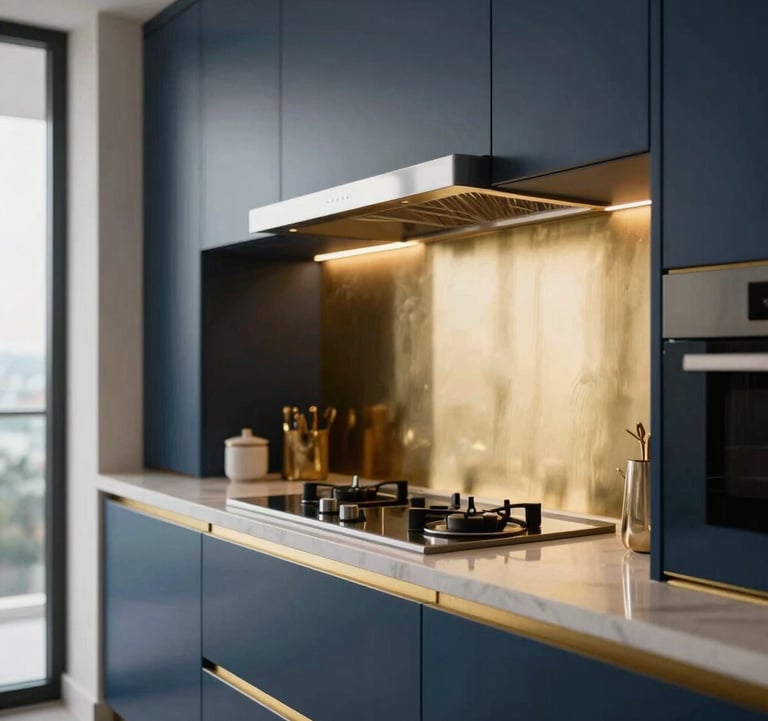 Close-up of luxury real estate details, a designer kitchen with gold finishes and dark blue cabinetry in a Latin American penthouse, soft natural light.