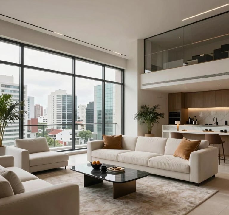 A high-end modern apartment interior in a Latin American city center, showing a spacious living room with floor-to-ceiling windows, designer furniture in shades of off-white and tan, and a sophisticated atmosphere.