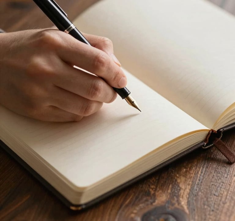 Close-up of hands writing with a fountain pen in a blank fabric-bound journal on a dark wooden table, warm afternoon light.