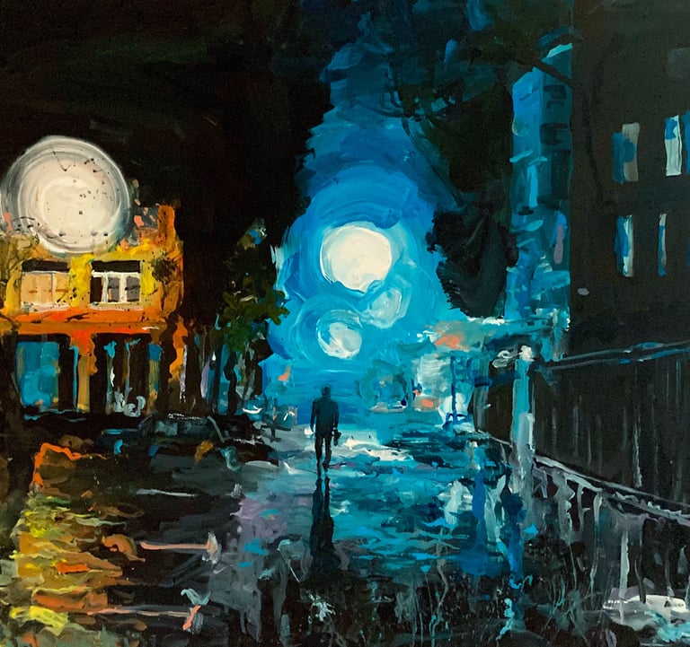 a painting of a night scene in a city with shadowy figure in the background