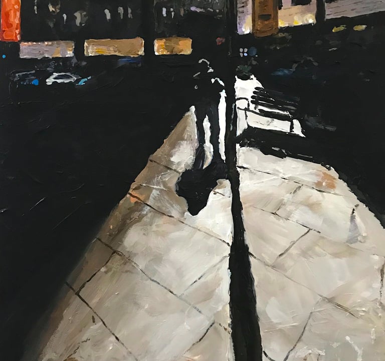 a painting of a man standing next to street light pole