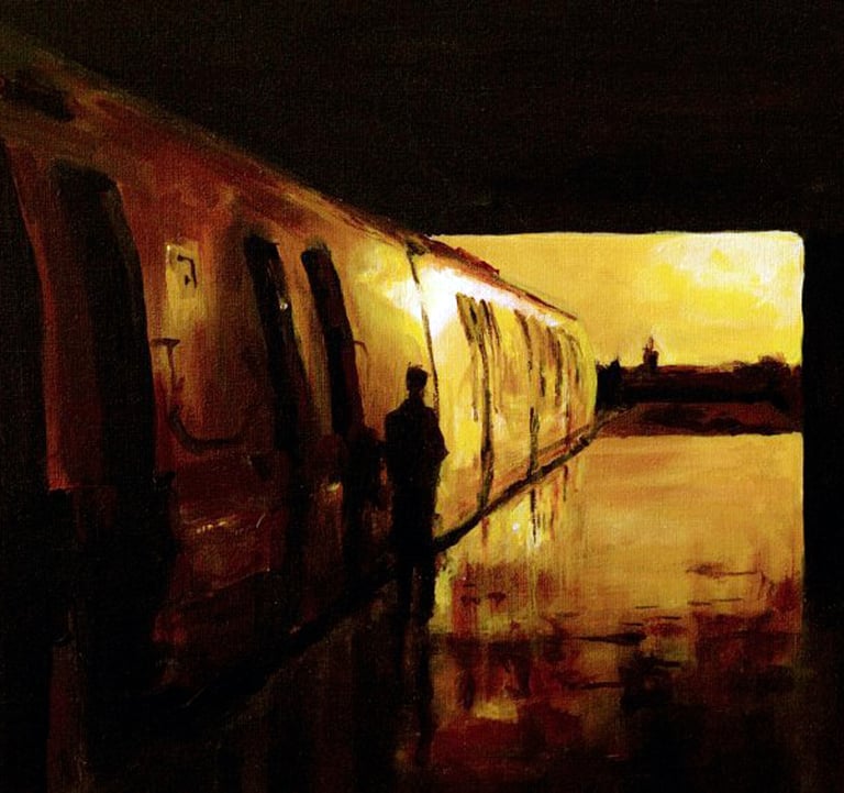 a painting of  train with man standing next to it