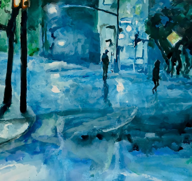 a painting of a person walking down a street