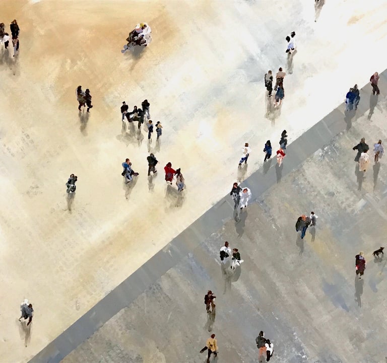 a group of people walking on a pavement