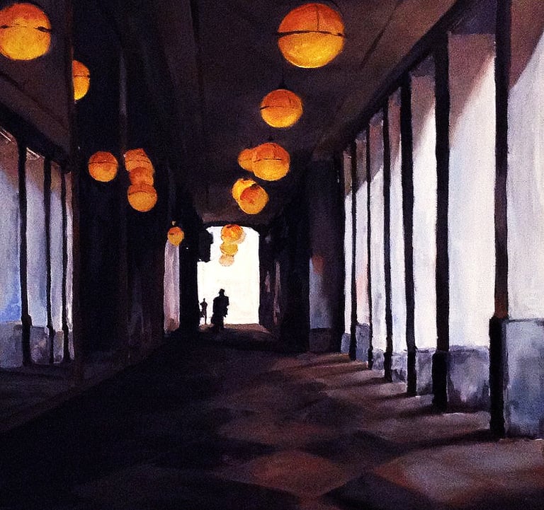 a painting of a person walking down a shoppig arcade