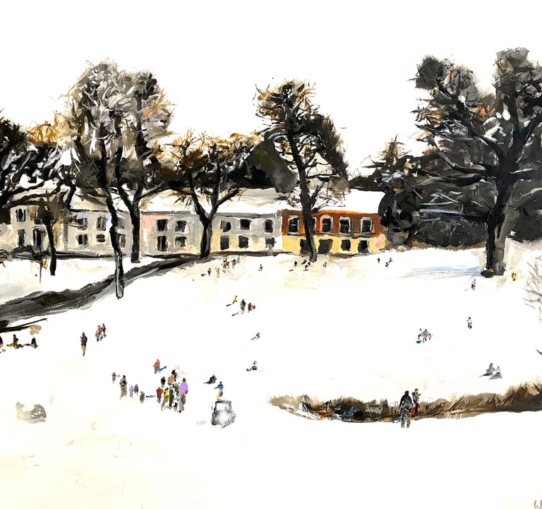 a painting of a group of people on a snowy day