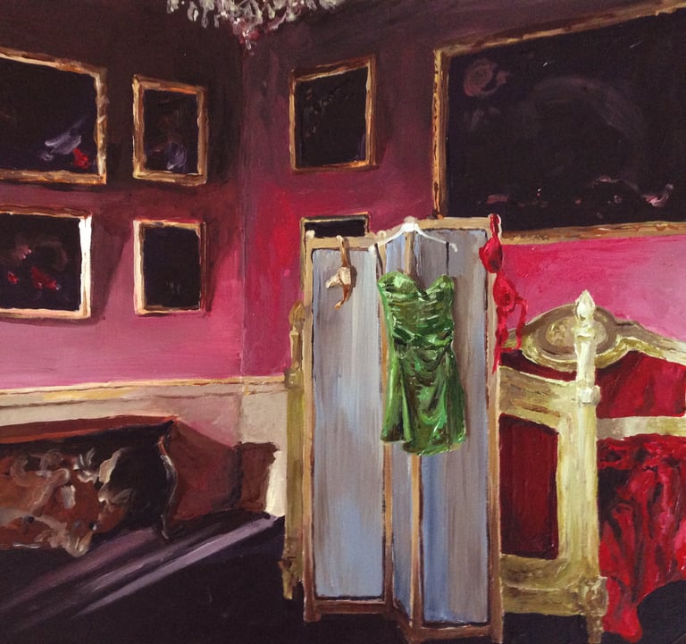 a painting of a room with a chandelier and a screen with dress and gun holster