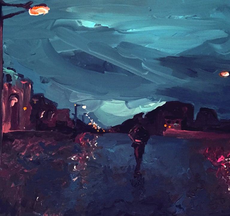 a painting of a person walking down a street