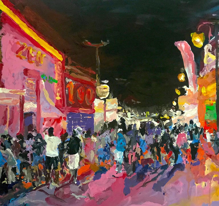 a painting of a city street scene with people walking down the street