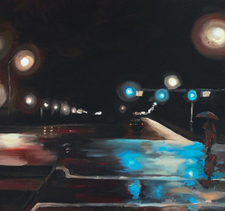 a painting of a person walking down a street