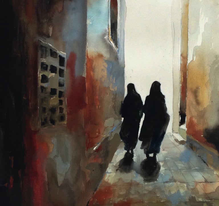 a painting of two people walking down a street