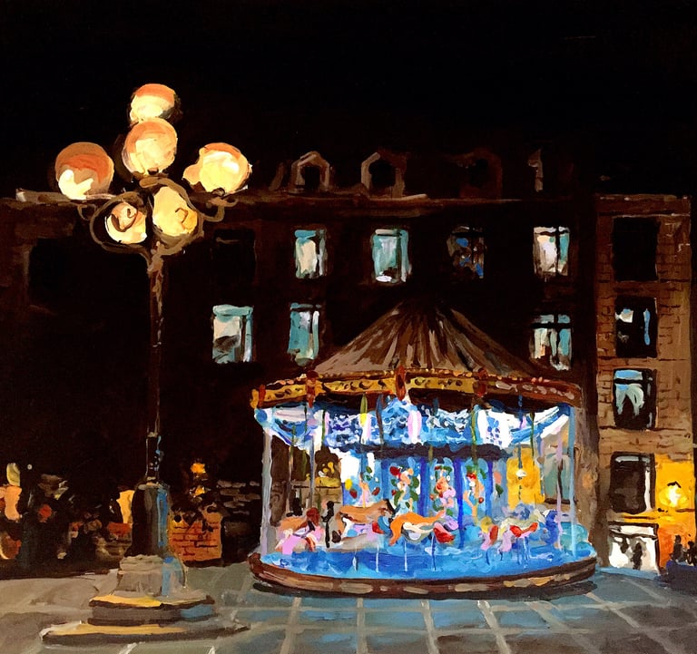 a painting of a carousel ride at night