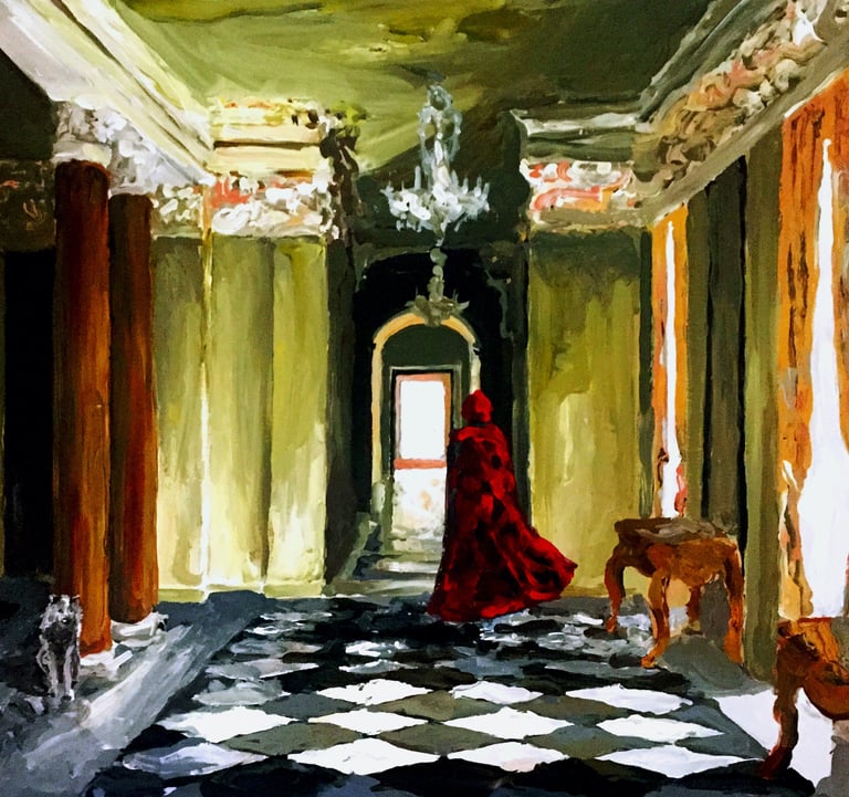 a painting of a woman in a red dress and wolf