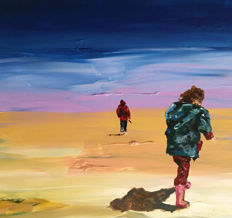a painting of a woman walking on a beach