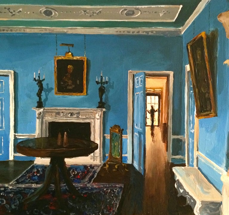 a painting of a room with a table and chairs