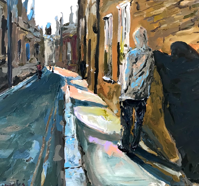 a painting of a man walking down a street