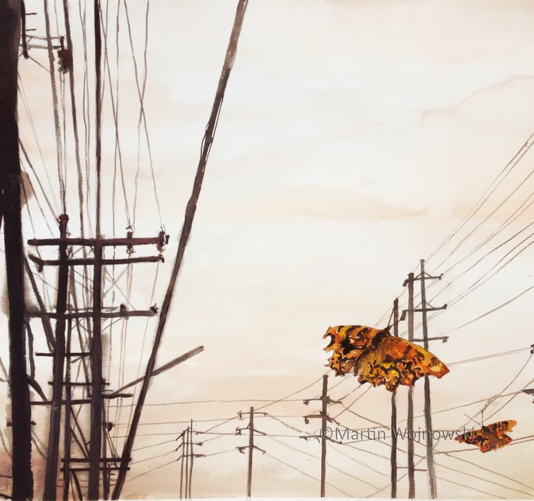 a painting of butterflies and power lines