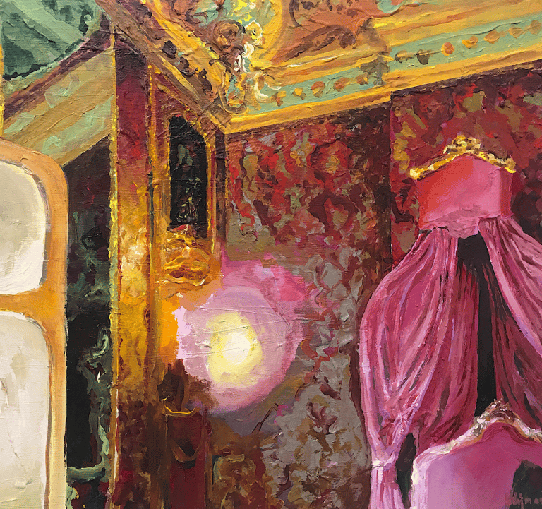 a painting of a bedroom scene with a bed and a pink canopy