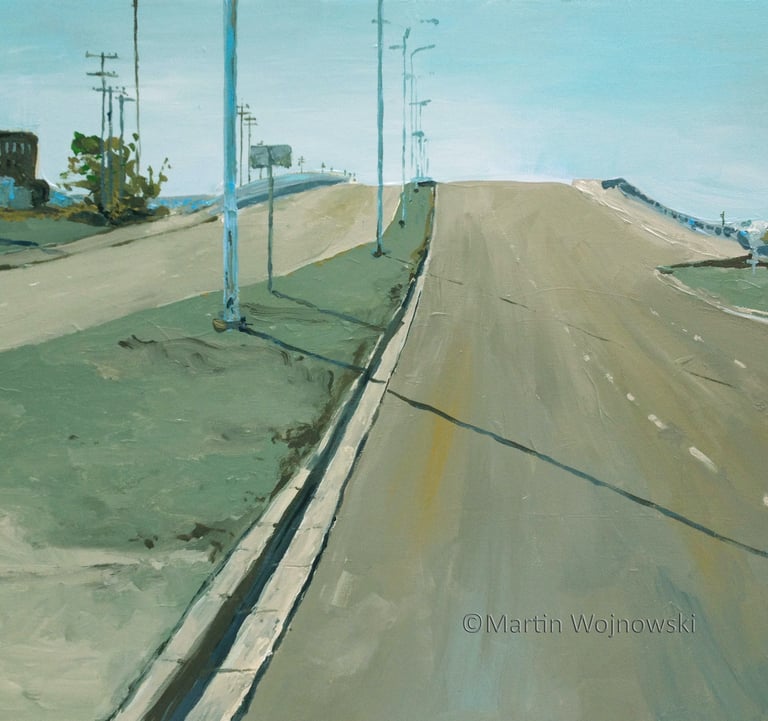 a painting of a road with a road sign