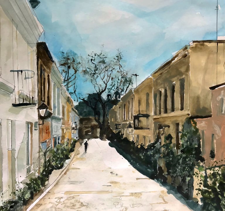 a painting of a street scene with a person walking down a street
