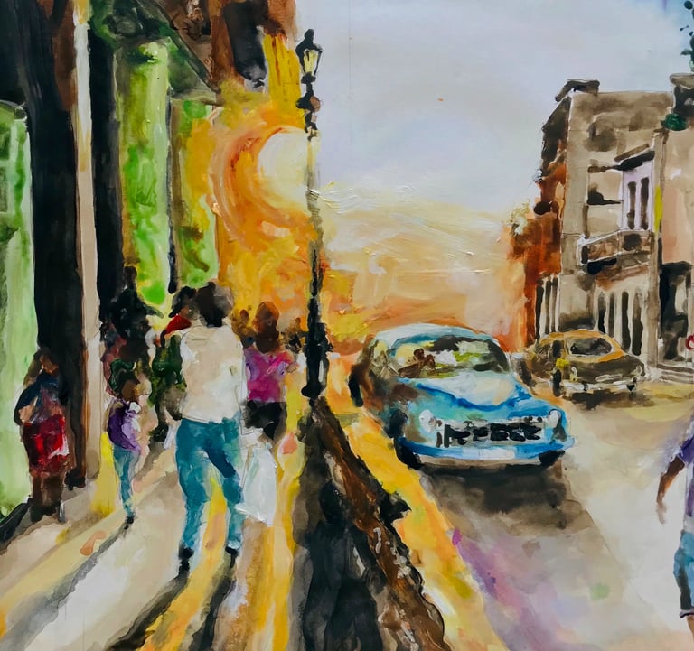 a painting of a car driving down a street in Havana